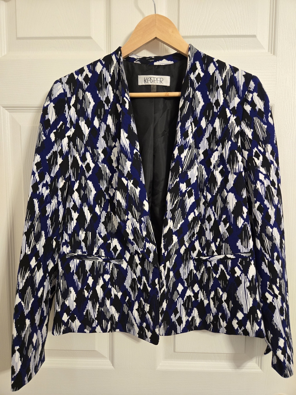 Kasper Black Blue White Abstract Print Open-Front Blazer Size 6 Petite